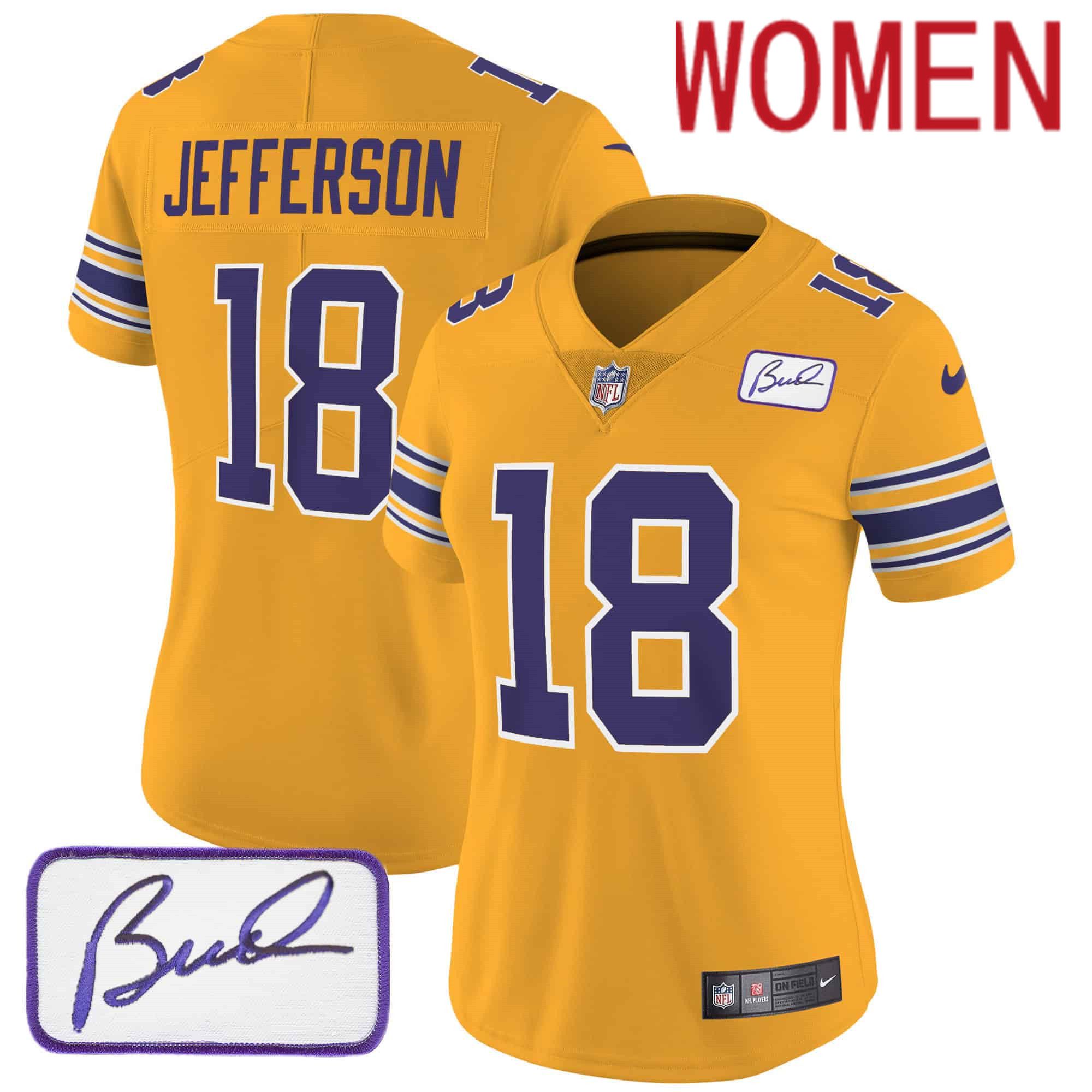 Women Minnesota Vikings 18 Jefferson Yellow 2024 Nike Bud Grant Patch Classic Limited NFL Jersey